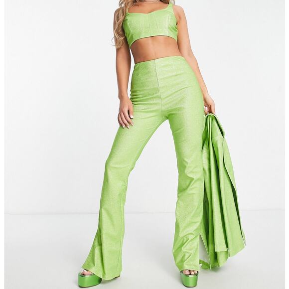 ASOS Lime Green Sparkly Flared Leg Pants Size 8 Y2k - Picture 10 of 12